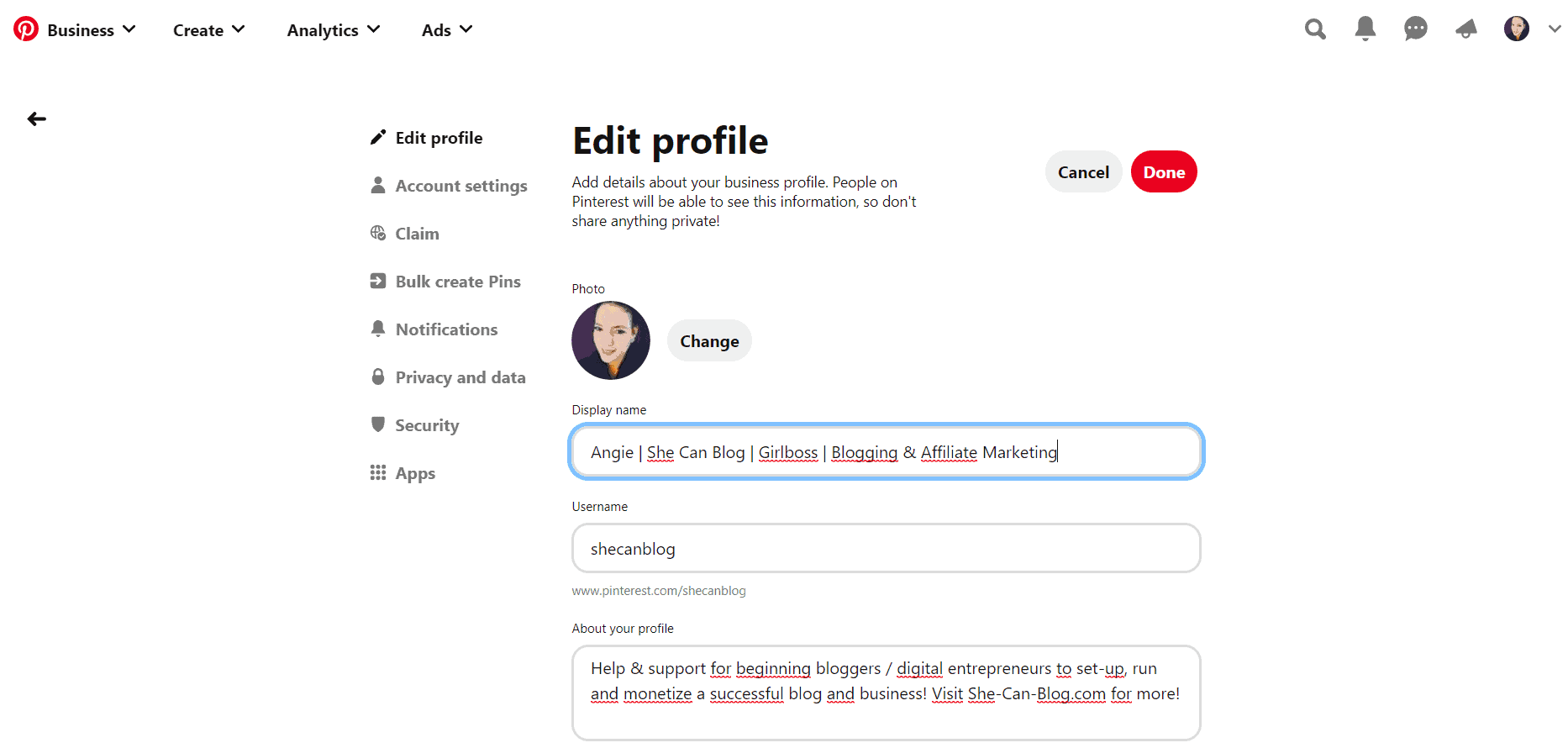 Edit Profile - Zakelijk account Pinterest - She Can Blog