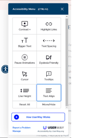 Een screenshot van de Userway Accessibility Plugin waarop te zien is welke mogelijkheden er zijn, zoals contrast, highlighten van links, grotere tekst, ruimte tussen de tekst, het pauzeren van animaties, dyslectie, grotere cursor, lijnhoogte en het uitlijnen van de tekst. 