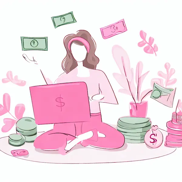 AI illustratie - vrouw die werkt achter laptop en geld verdient