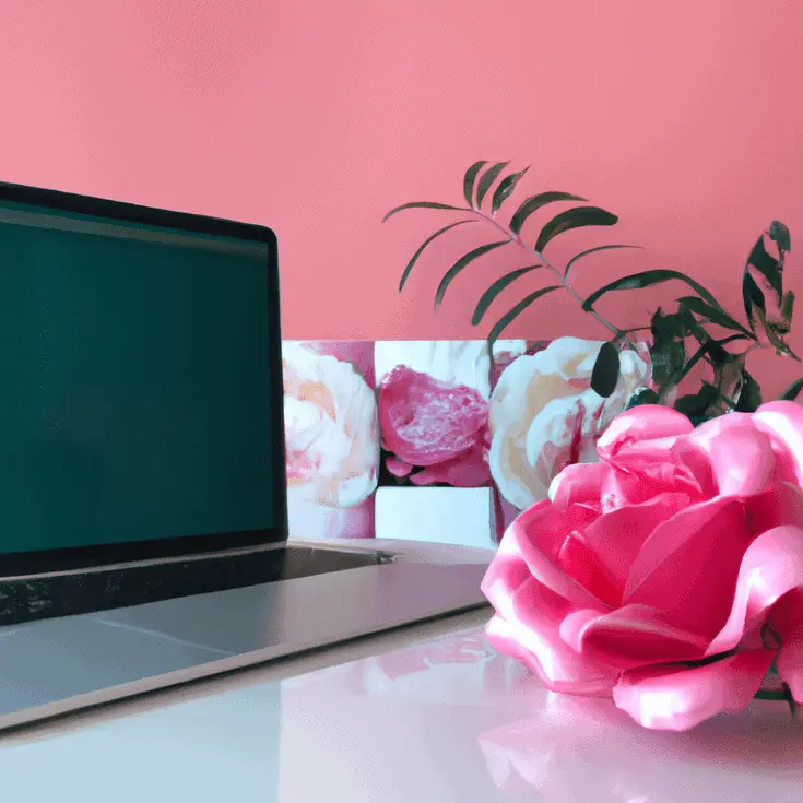 Laptop plus flowers, decorational image.